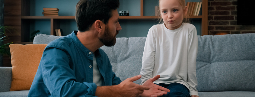 Father talking with daughter, father squatting near sofa girl sits on, comforts her during divorce. How to Support Your Children During Divorce