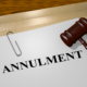3D illustration of "ANNULMENT" title on legal document. An annulment