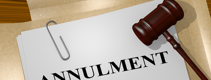 3D illustration of "ANNULMENT" title on legal document. An annulment