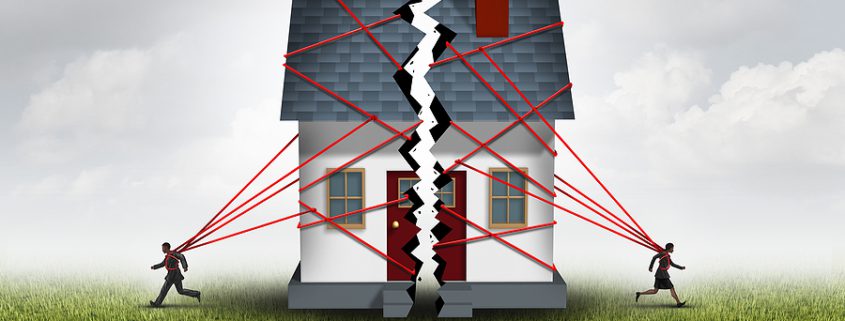 A separated couple pulling apart a broken house, symbolizing family conflict and custody disputes influenced by climate change.