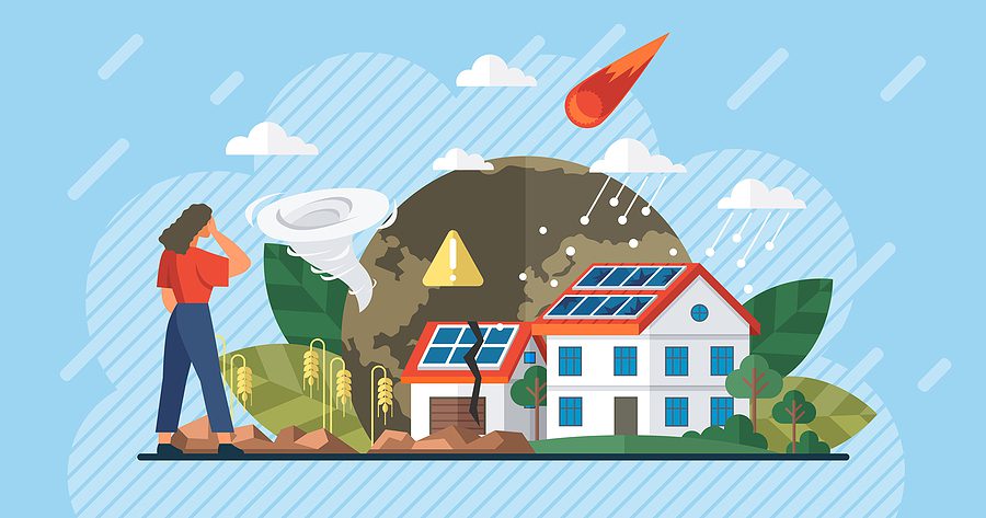 A damaged house after a climate catastrophe, illustrating the impact of climate change with debris and destruction surrounding the property.