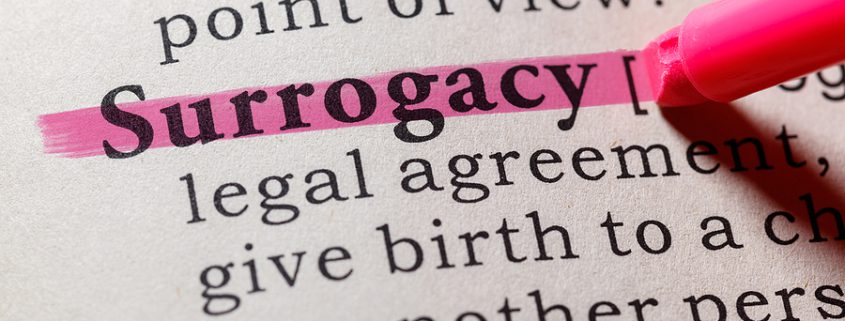 Close-up of a dictionary definition of the word “surrogacy,” highlighting key terms related to reproductive law and family building.