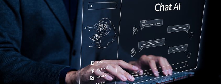Man using a laptop with an Artificial Intelligence chatbot for digital communication and assistance.